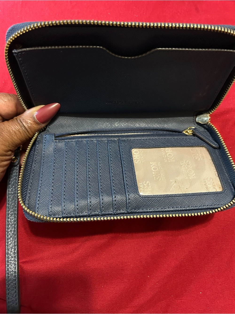 Michael Kors Navy Pebbled Leather Wristlet with Gold MK Emblem - Picture 2 of 2